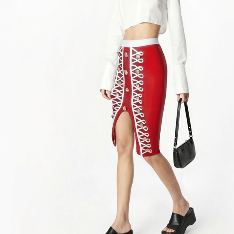 السيدات غير المتكافئة الخامس قطع الذهب الديكور تنورة حمراء عالية الخصر التنانير غير رسمية انقسام Bodycon قصيرة حظر أيام تنورة المرأة