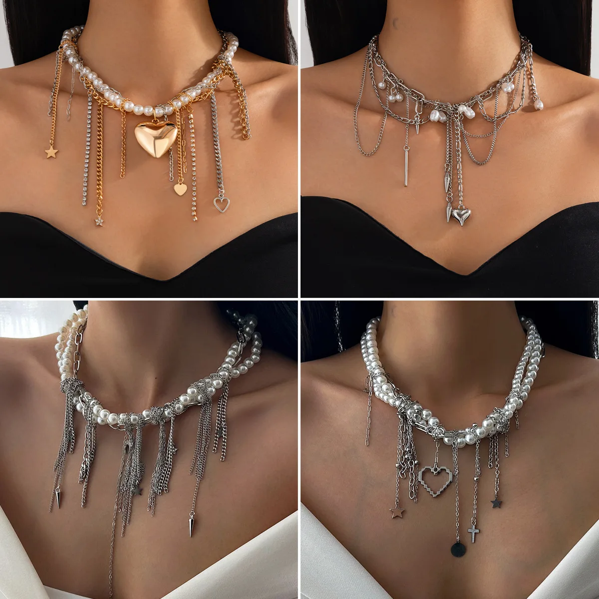 

Pearl Heart Pendant Necklace for Women, Punk Layered Chain Choker with Tassel Dangle, Fashion Alloy Statement Jewelry