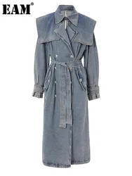 [EAM] Women Blue Denim Big Size Long Trench New Lapel Long Sleeve Loose Fit Windbreaker Fashion Tide Spring Autumn 2024 17A4709