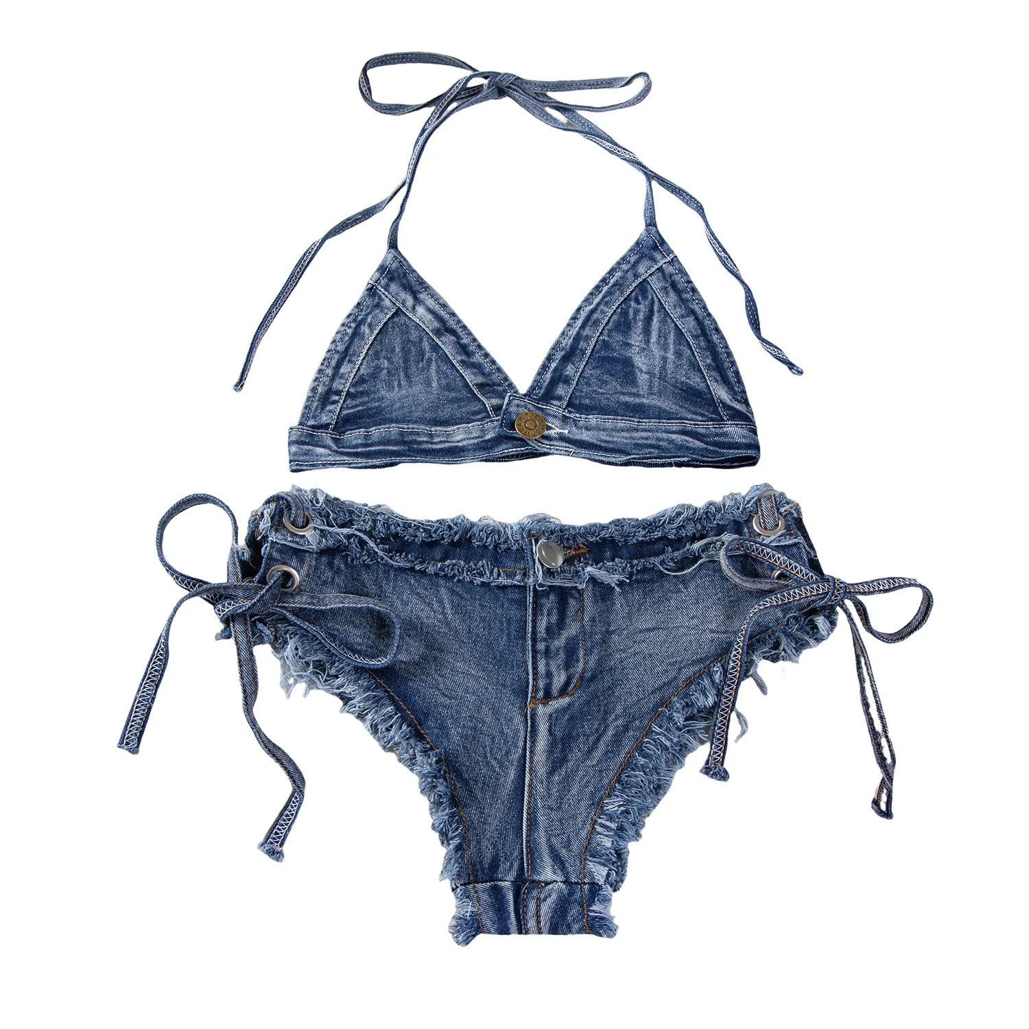 Bikini Set Vrouwen Sexy Denim Pakken Badpak Lace Up Strap Bh Vest Trekkoord Beachwear Zomer Vintage Tweedelige Badmode