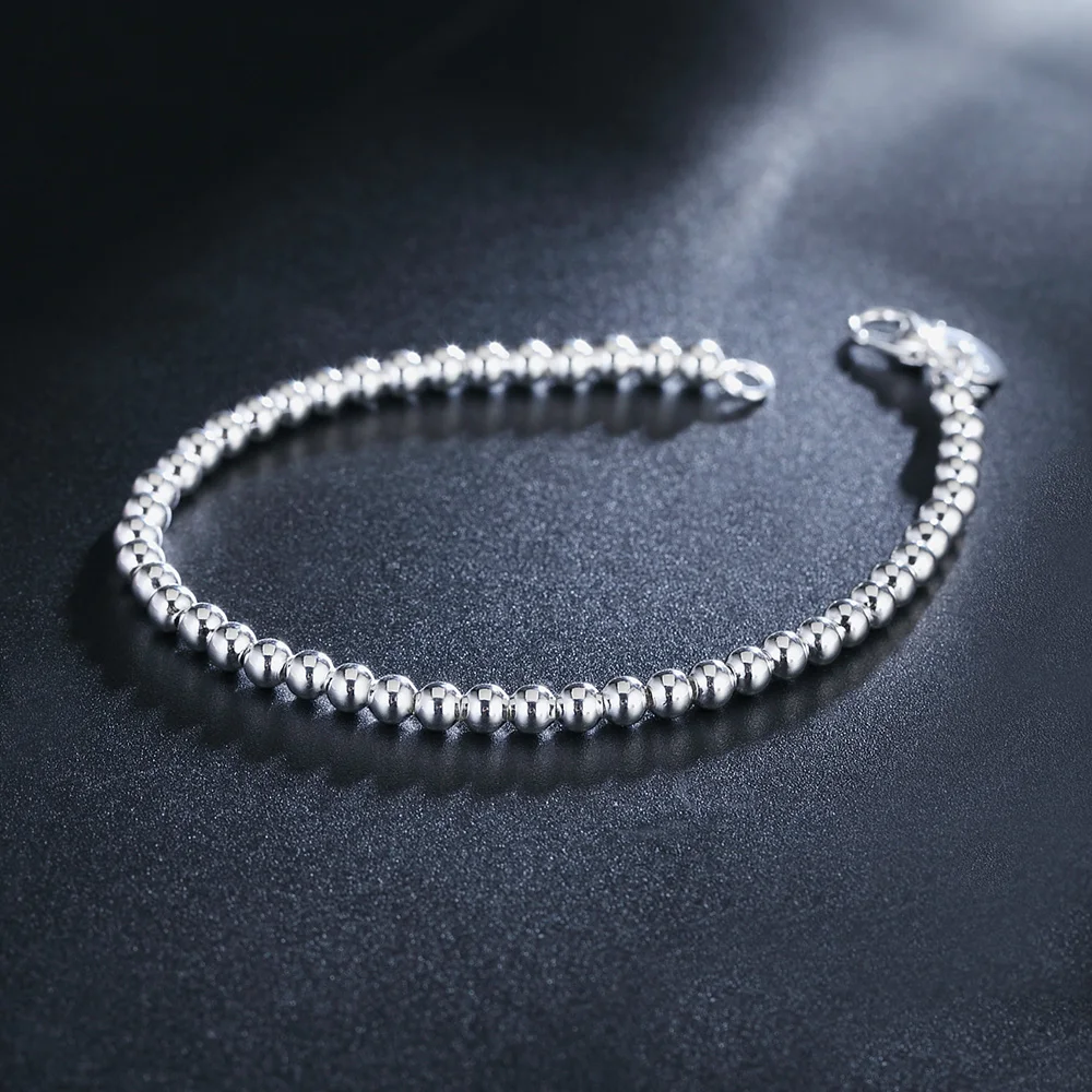 925 sterling silver Classic 4MM round beads chain Bracelets for women Fashion Party Wedding Accessories Jewelry Christmas Gifts