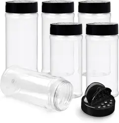 6 Pack 8oz Plastic Spice Jars with Black Cap and Shaker Lids for Storing Spice, Herbs and Seasoning Powders