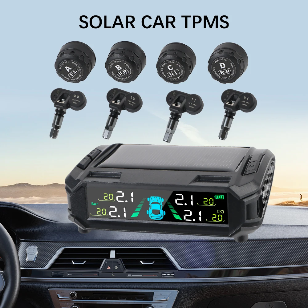 سيارة الشمسية TPMS نظام مراقبة ضغط الإطارات السيارات إنذار الأمن شاشة ديجيتال اختبار درجة حرارة الإطارات 4 أجهزة الاستشعار 433.9200MHz
