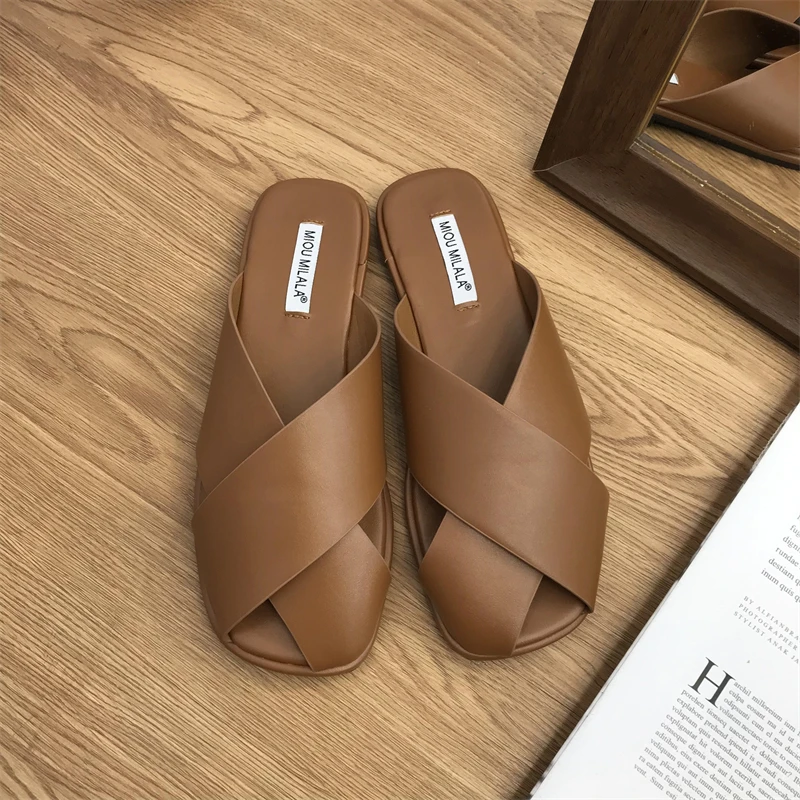 Cover Toe Loafers Shoes Woman 2024 Female Slippers Platform Low Mules Sexy New Summer Rubber Hoof Heels Basic PU Slides Fabric