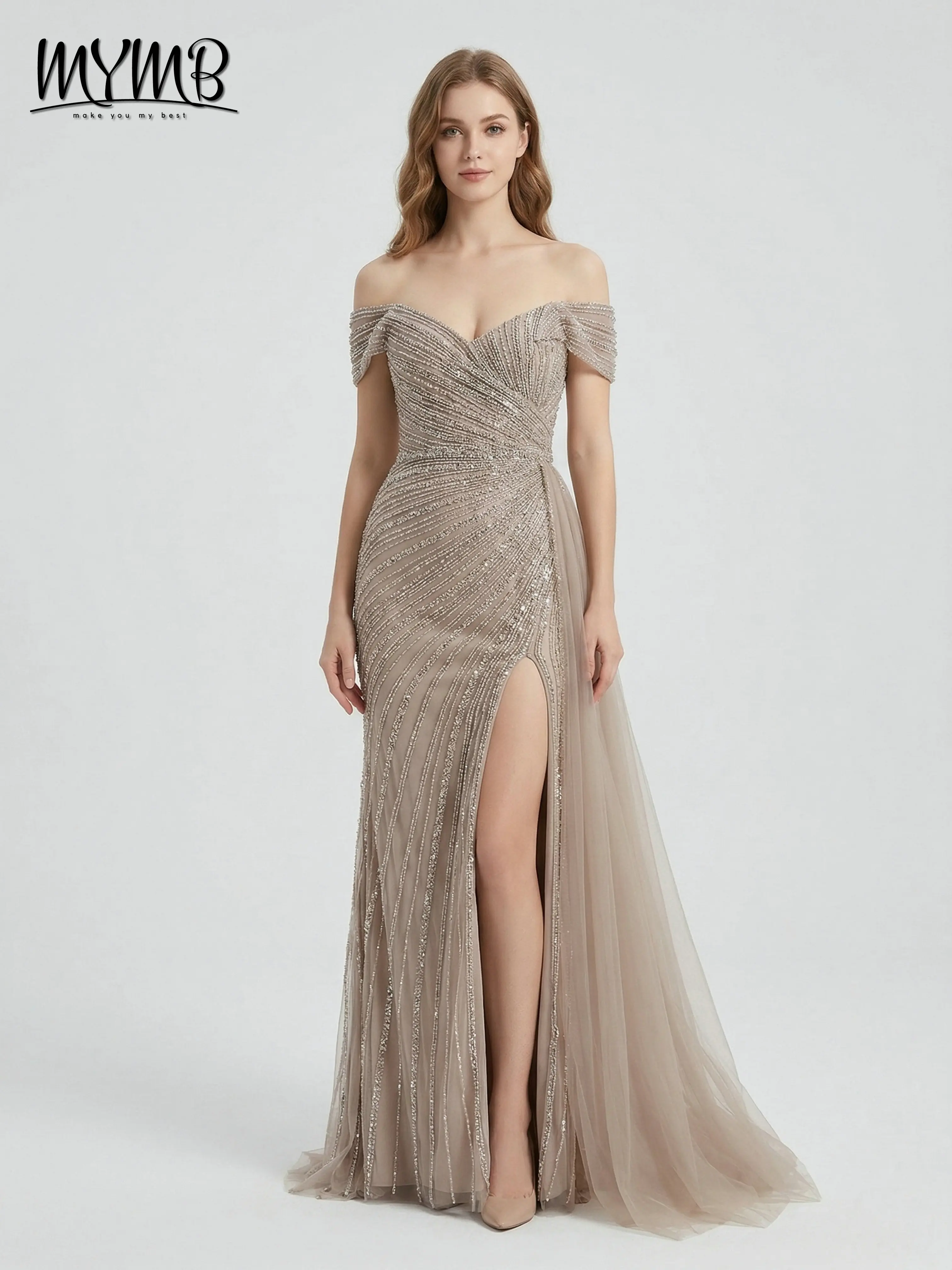 

Роскошные вечерние платья MYMB с бисером и пайетками, с открытыми плечами, фасон «русалка», с высоким разрезом, для выпускного вечера, MC20139