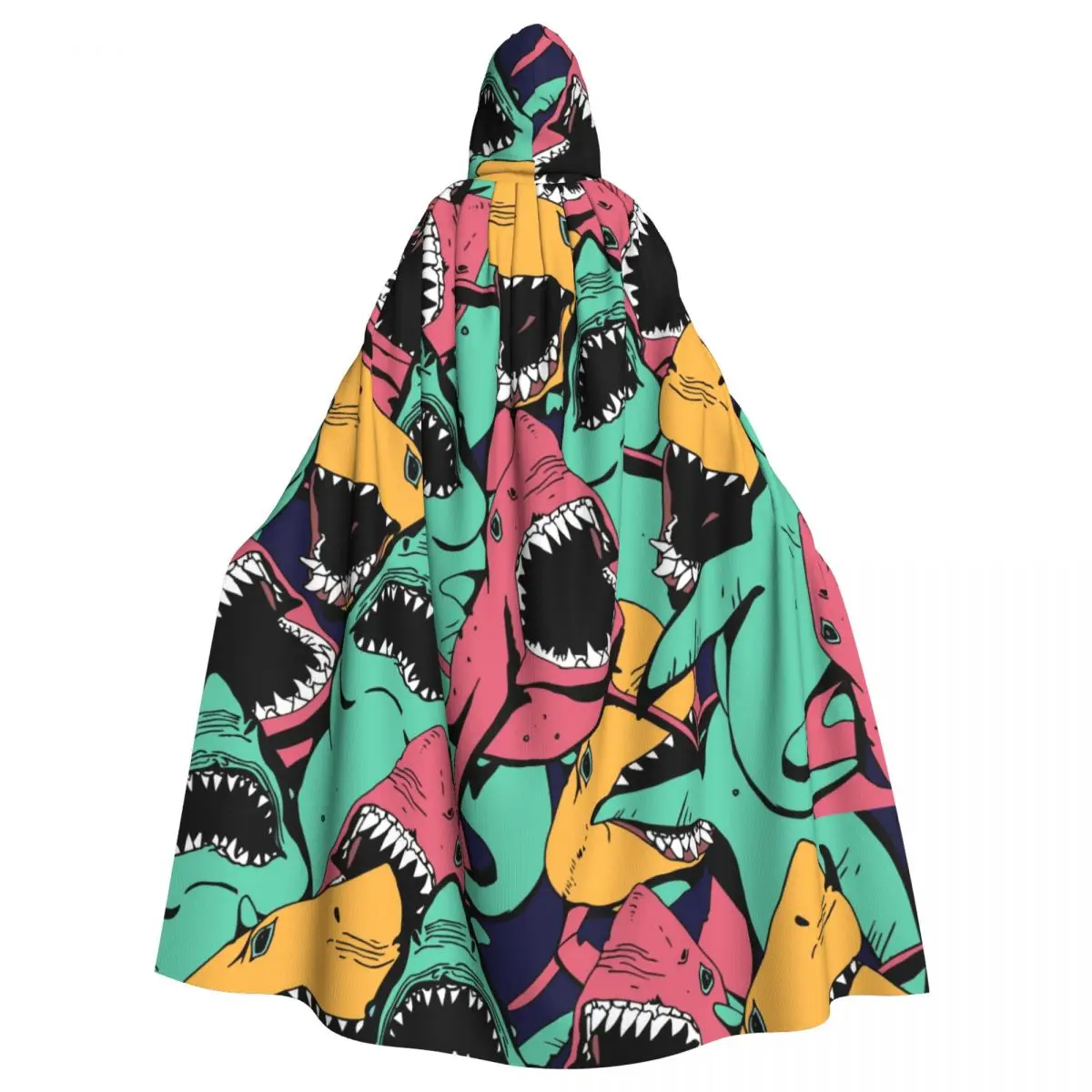 Hooded Cloak Polyester Unisex Witch Cape Costume Accessory Colorful Angry Shark With Mouth Elf Purim