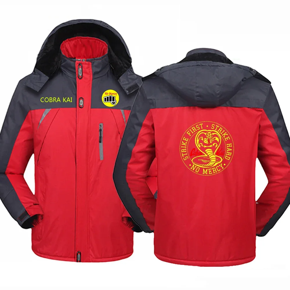 2024 Autumn Winter Men Cobra Kai Logo Print Detachable Hooded Design Patchwork Cold Prevention Windbreak Mountaineering Clothing