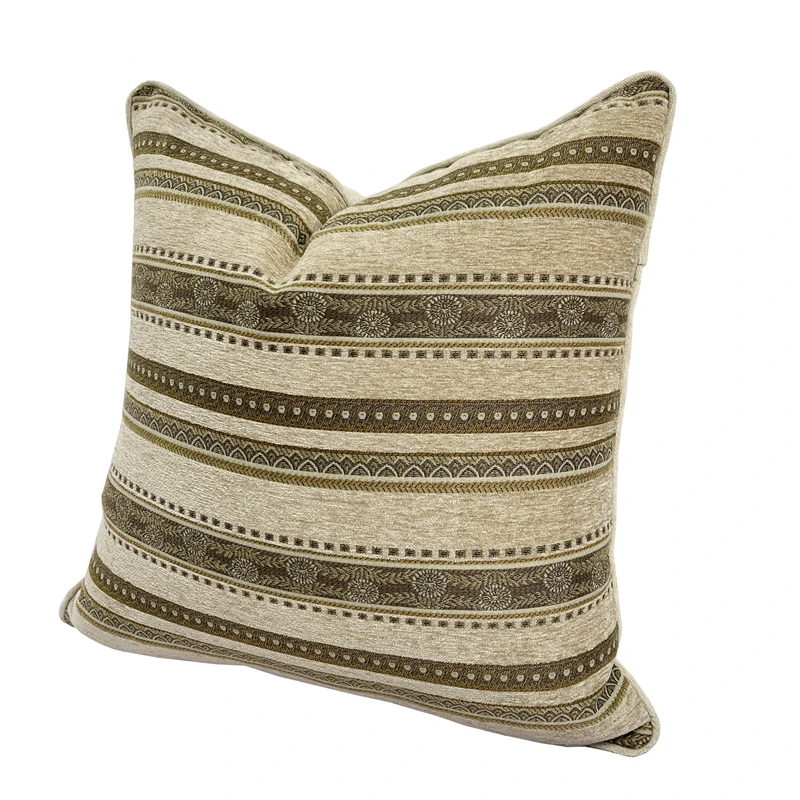 Vintage Classic Soft Heavy Chenille Beige Stripe Pipping Square Pillow Case Sofa Cushion Cover 45 X 45 cm 1 Piece Pack