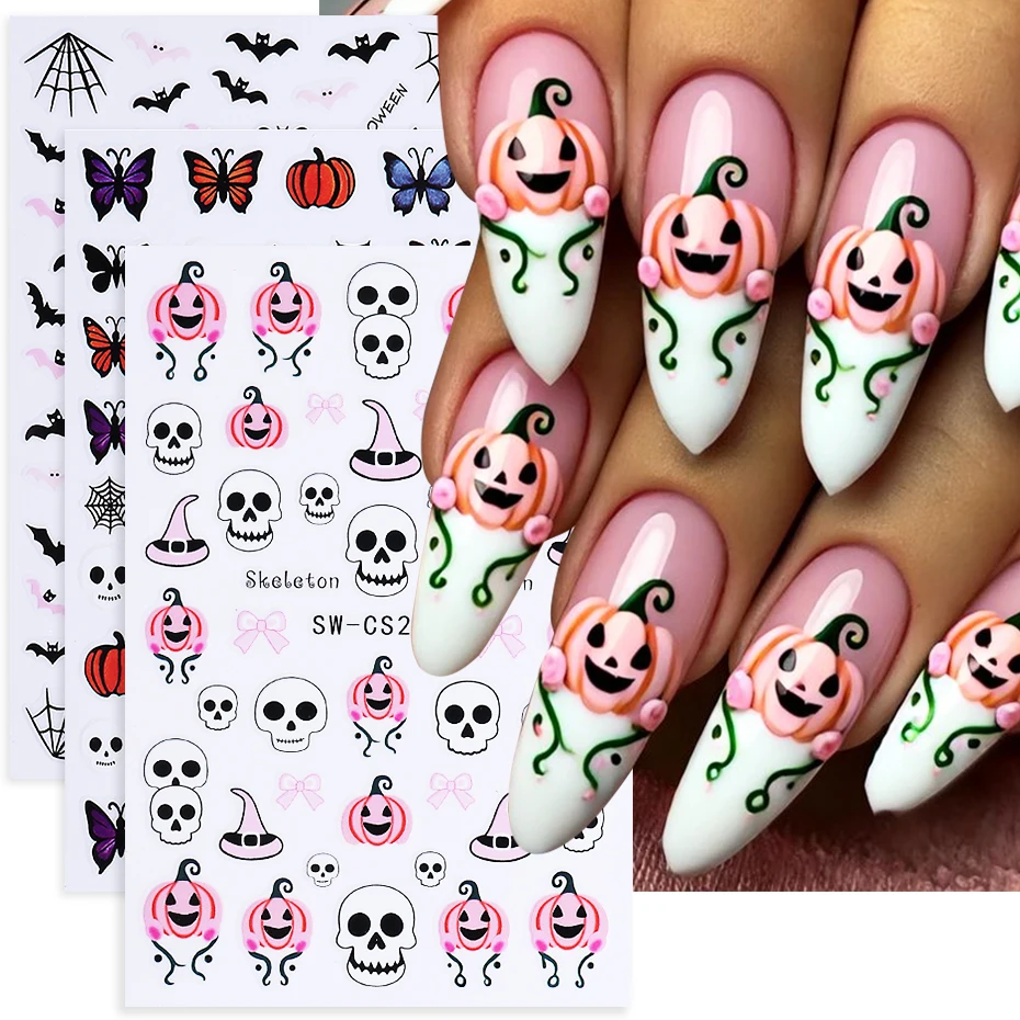 3 stücke Halloween Kürbis Nagel Aufkleber 3D Selbstklebende Cartoon Schädel Spinne Web Schmetterling Fledermaus Nagel Aufkleber DIY Maniküre Dekoration