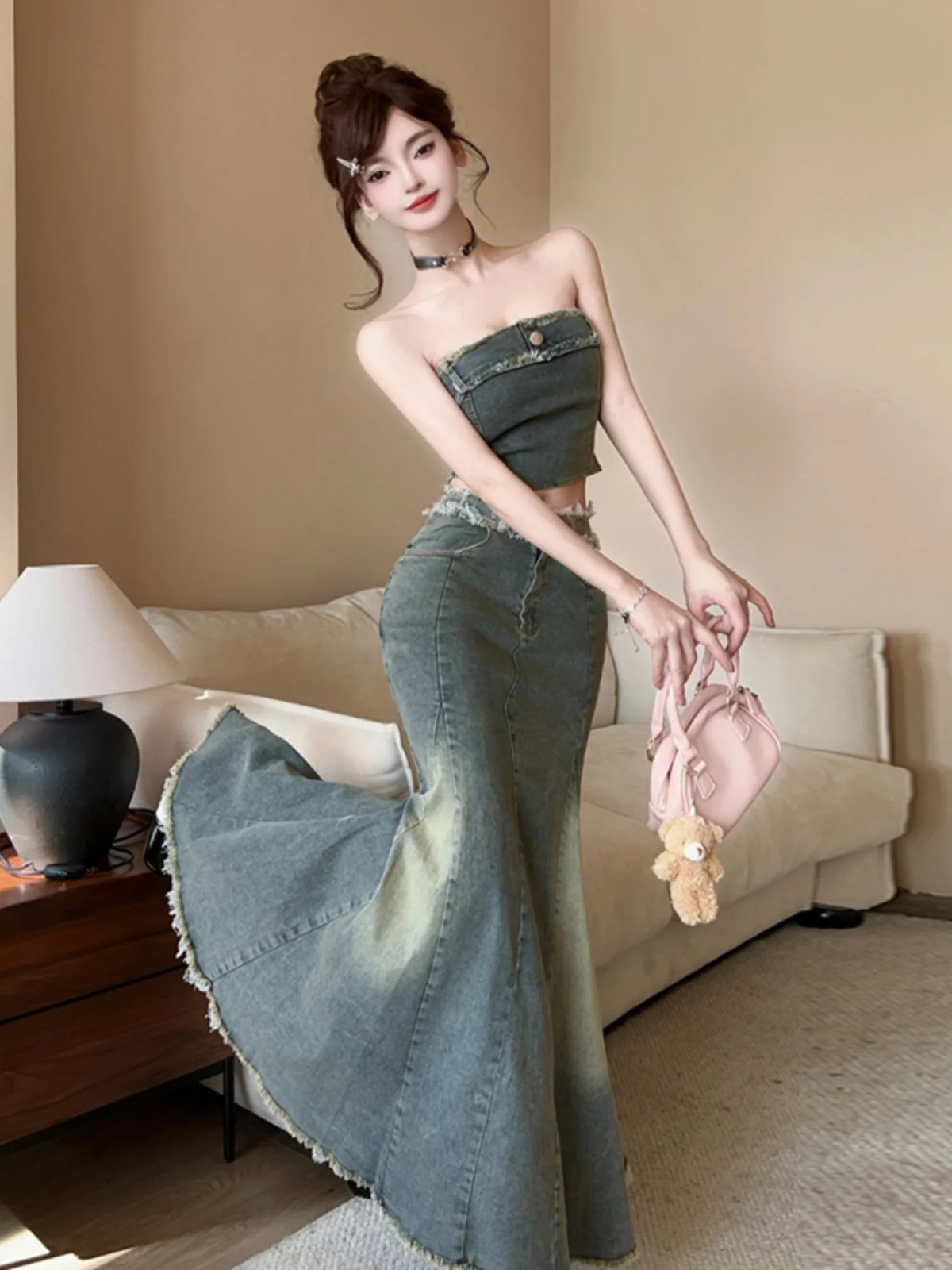 

Retro American One Shoulder Sexy Short Crop Top Denim Vest High Waist Fish Tail Skirt Fashionable Two Piece Set for Girls