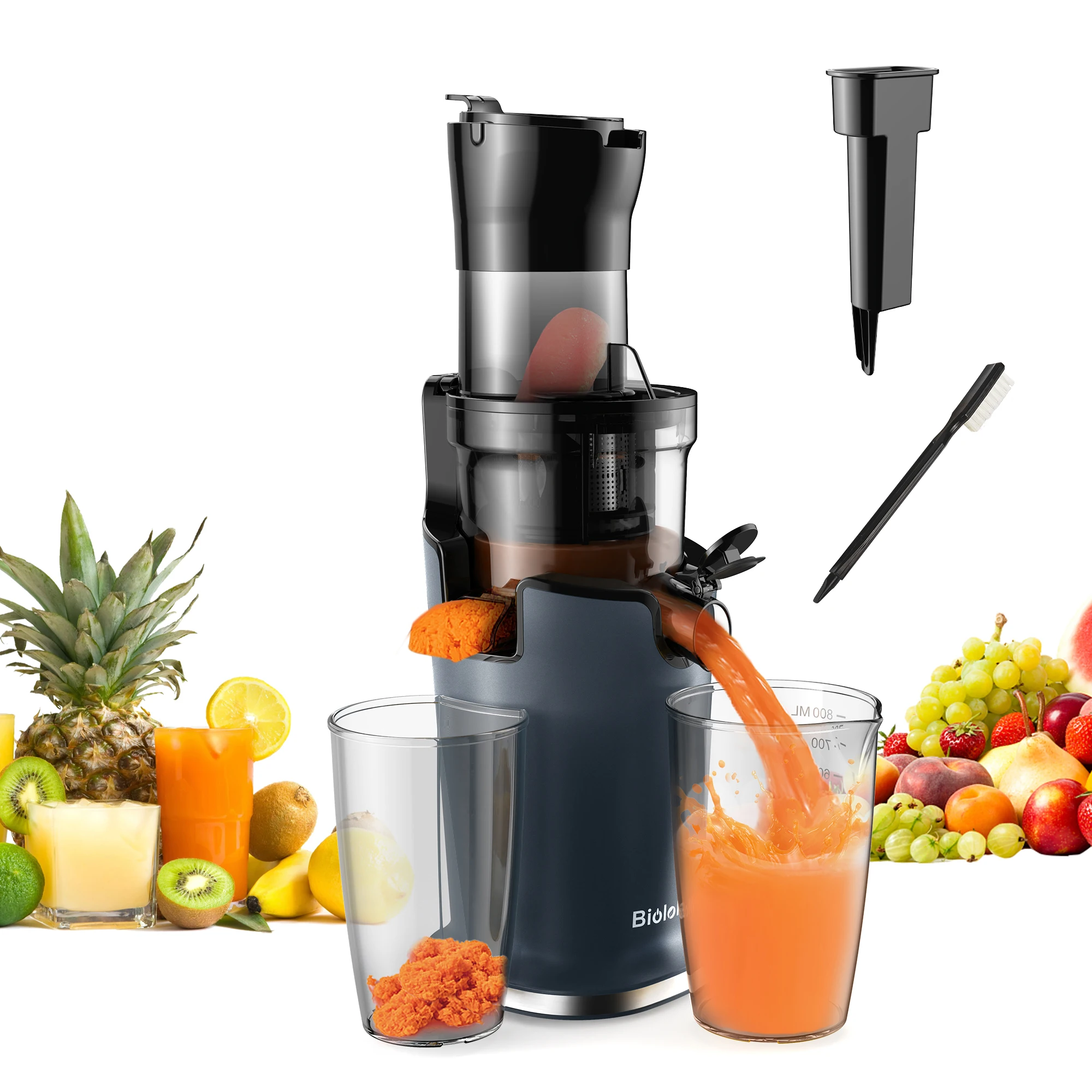 Cold Press Juicer with 78mm Feed Chute, 200W 40-65RPM Powerful Motor Slow Masticating Juice Extractor Fits Whole Fruits