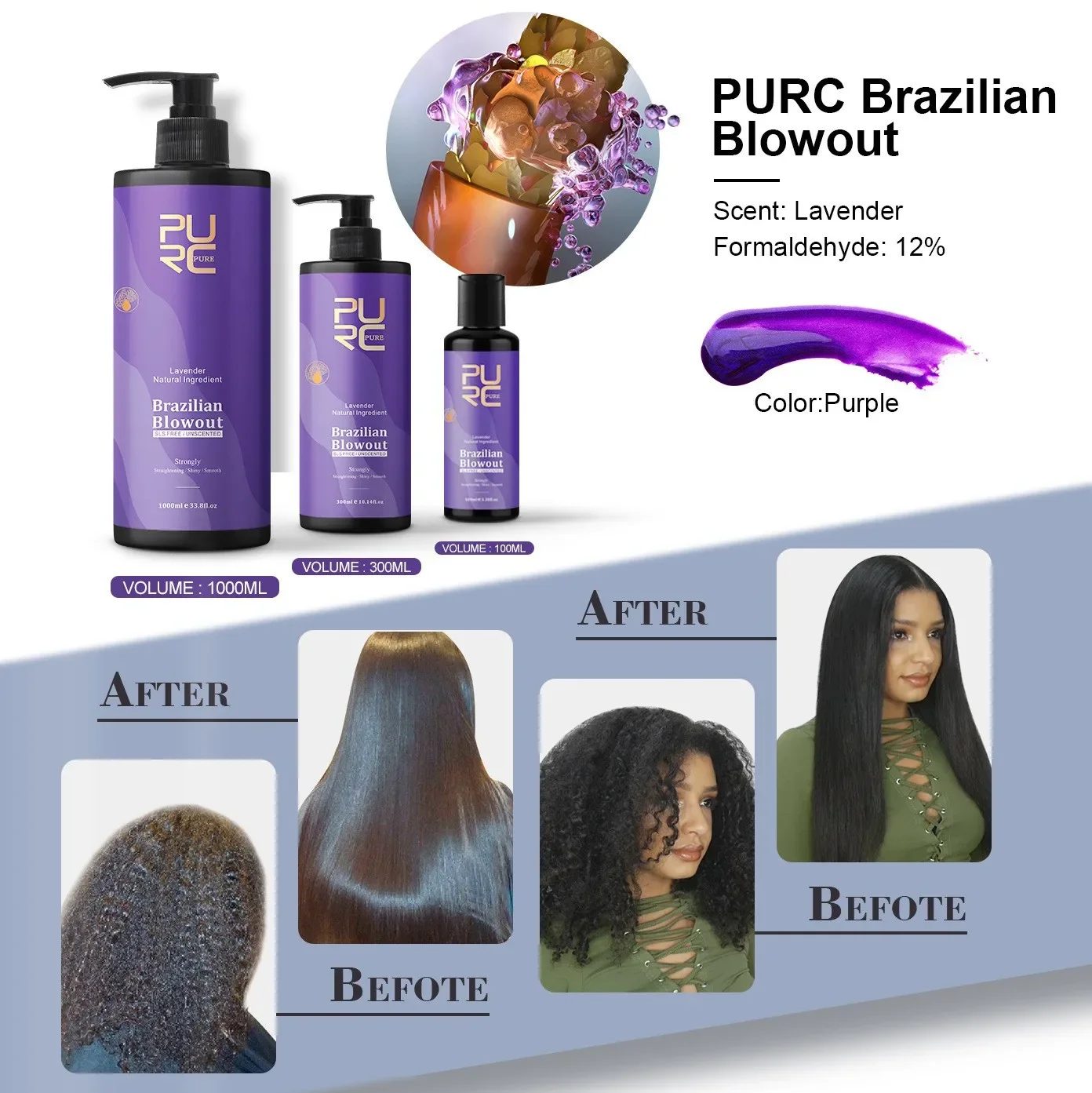 PURC Brazilian Keratin Hair Treatment Straightener Hair Straightening Cream Smoothing for Curly Hair with Natural Keratin Salon