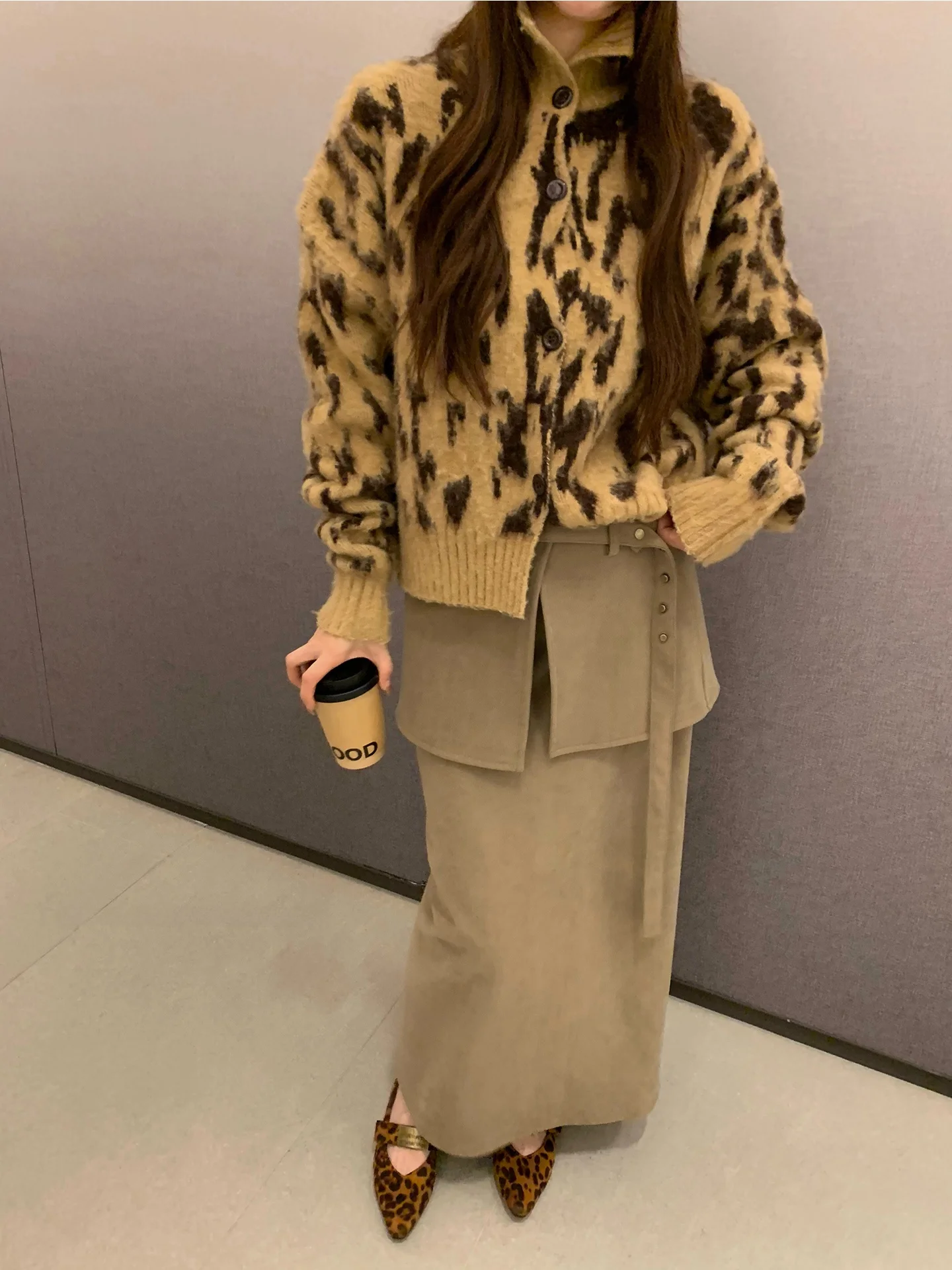 

Wild Fun Muse Leopard Print Korean Sle Slimming Trendy Top Women's Loose Fit Long Sve Button up Stand Collar Jaet