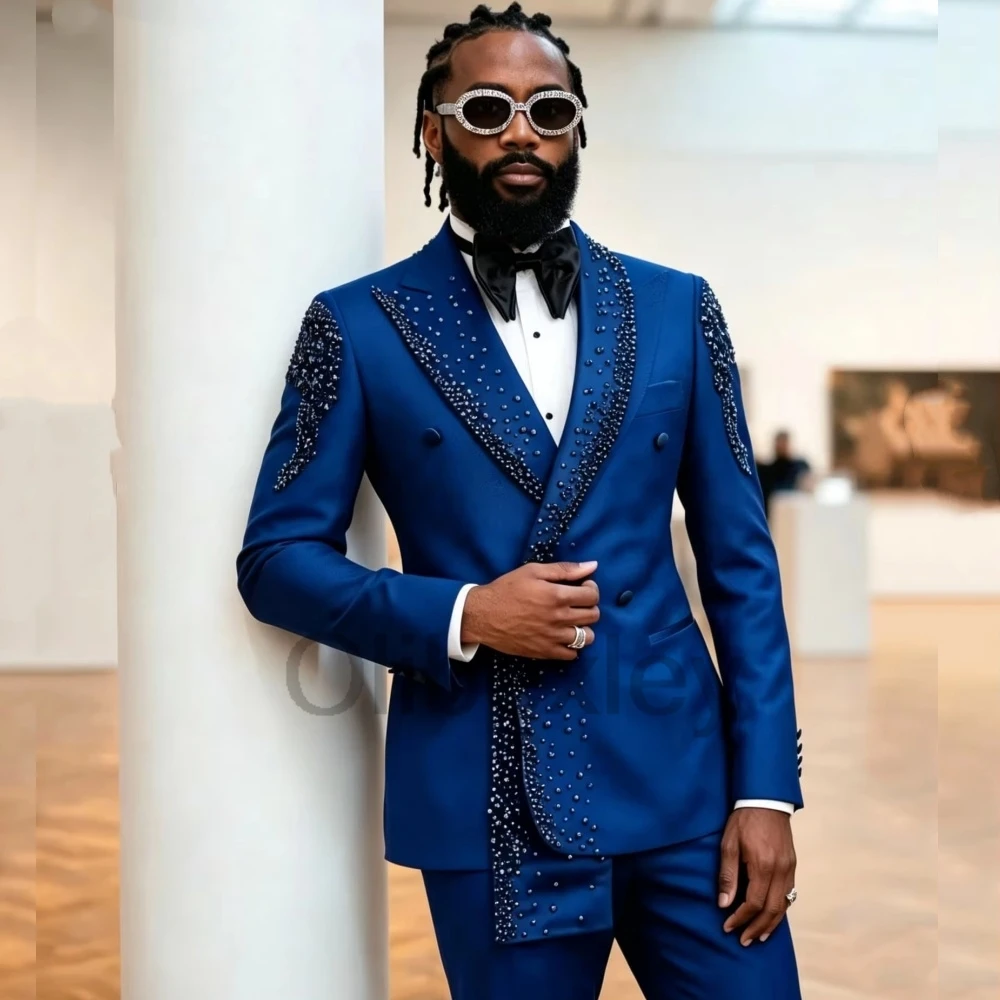 Olibexley Royal Blue Rhinestone Beaded Men Suits 2 Pieces Sets Male Blazers Shawl Lapel Groom Wedding Tuxedos Customized S421