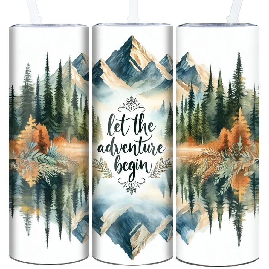 

20oz Skinny Straight Party Tumblers With Straw Lid Print 3D "let the Adventure begin"Outdoor Travel Portable Reusable Vacuum Cup