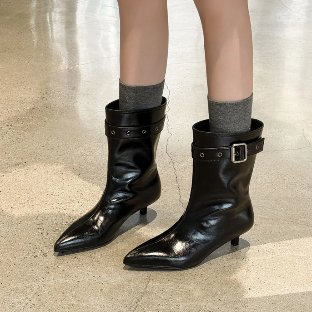 Women Genuine Leather Mid‑Calf Boots Pointed Toe Kitten Heel, Metal Buckle Strap Chic Slip‑on Booties for Daily, Office & Dating