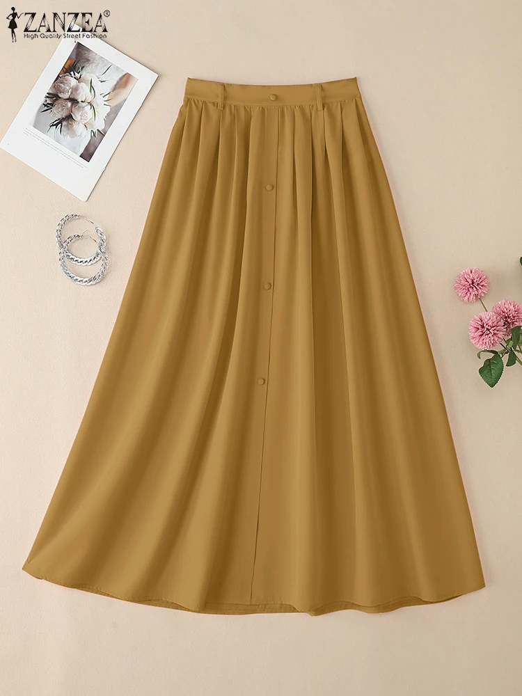 กระโปรงยาวแฟชั่นฤดูใบไม้ร่วง ZANZEA สำหรับผู้หญิง เอวยางยืด จับจีบแบบลำลอง รุ่น Faldas Saia 2025 ดีไซน์เรียบหรู เหมาะสำหรับงานปาร์ตี้ ทรงเอไลน์
