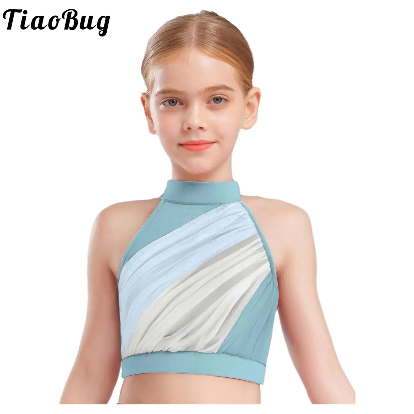 

Girls Modern Jazz Dance Performance Tank Tops Street Dance Cheer Costume Vest Sleeveless Color Block Ruched Crop Top Dancewear