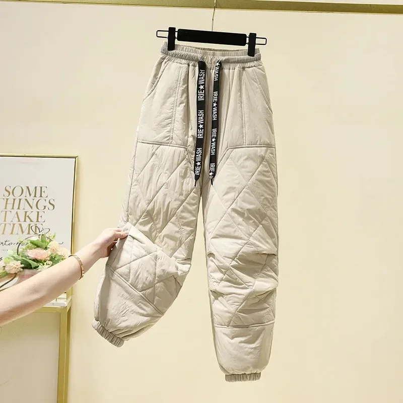 

Autumn Winter Solid Color Women Down Pants Loose Fashion Windproof Elastic Waist Lace-up Vintage All-Match Cozy Casual Trousers