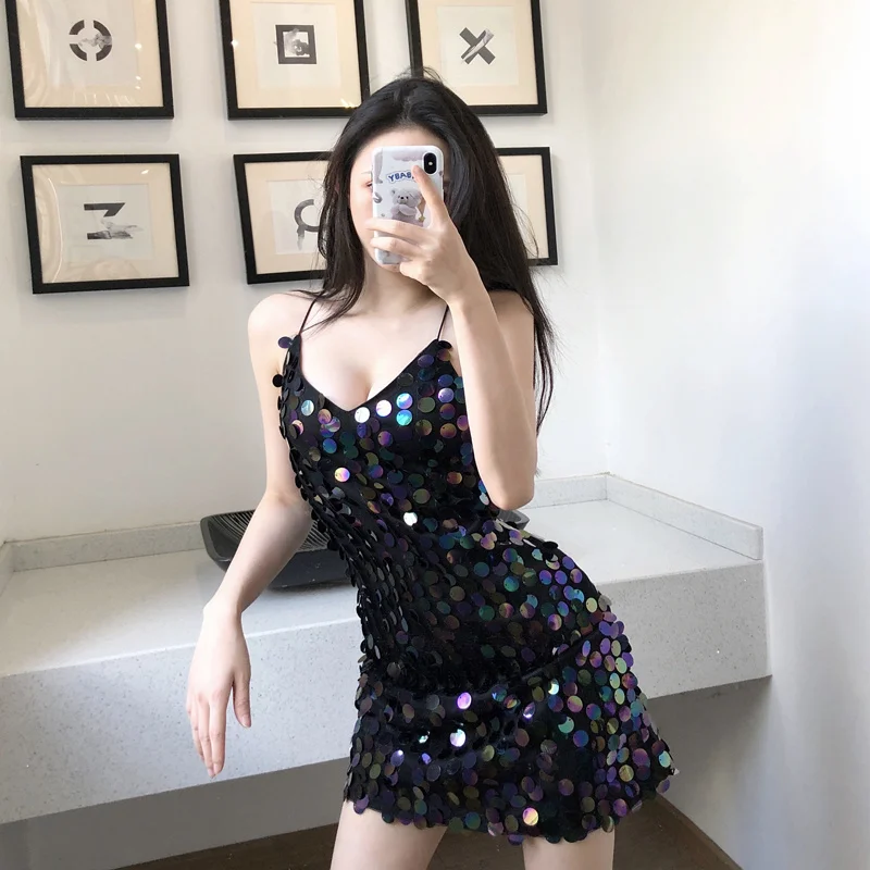 الكورية نمط المرأة بريق ملهى ليلي الزي مثير مطرزة عبر الظهر عارية الذراعين بروتيل فستان عصري مطرزة فستان قصير قصير #2