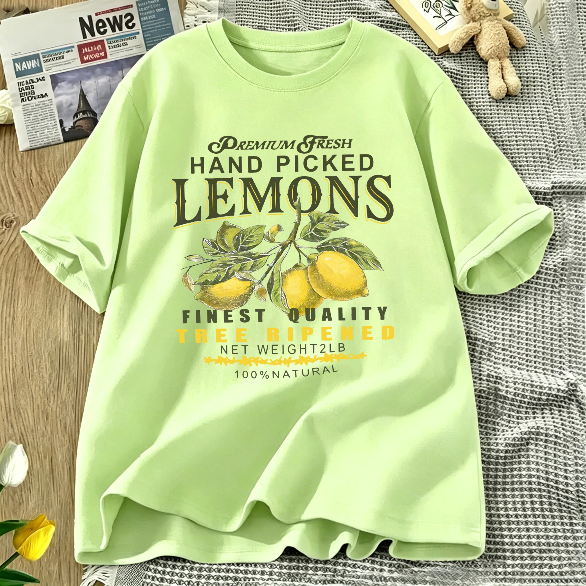 Fresh Hand Picked Lemons Print T Shirt Woman O-Neck Oversized T-Shirts Women Breathable Short Sleeve Summer Cotton Sportswear