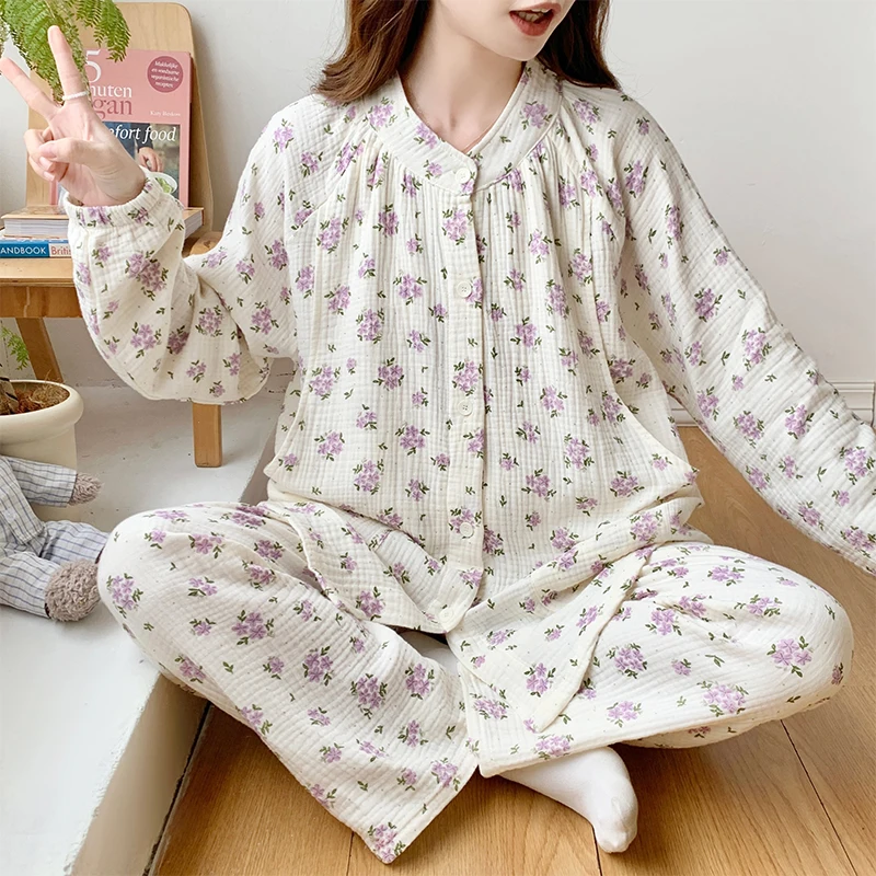 100% Cotton Double Gauze Maternity Nursing Sleepwear Set Breathable Loose Lacation Breastfeeding Pajamas Pregnancy Home Hospital