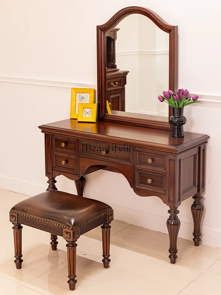 

01 yj19 American-style Solid Wood Dressing Table Bedroom Makeup Desk with Drawers Integrated Storage Vanity