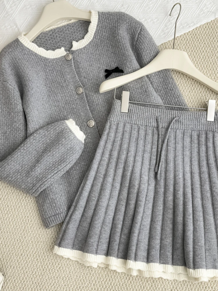 Fall Winter Women Korean Mori Girl 2000s Aesthetic Knit Outfits 2 Piece Set Long Sleeve Cardigan Sweaters + Mini Pleated Skirt