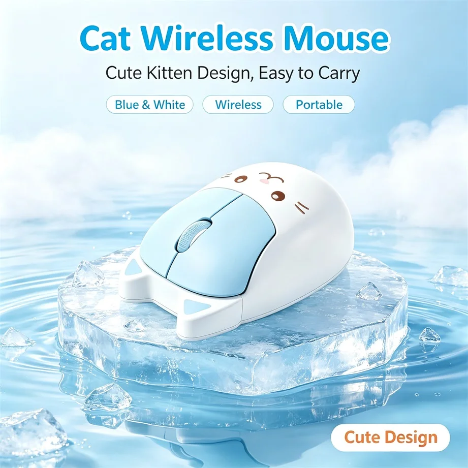 Cute Cat Wireless Mouse 2.4G & Bluetooth Dual Mode Silent Click Ergonomic Mice for Laptop PC Tablet Phone 1600DPI Mouse Gift