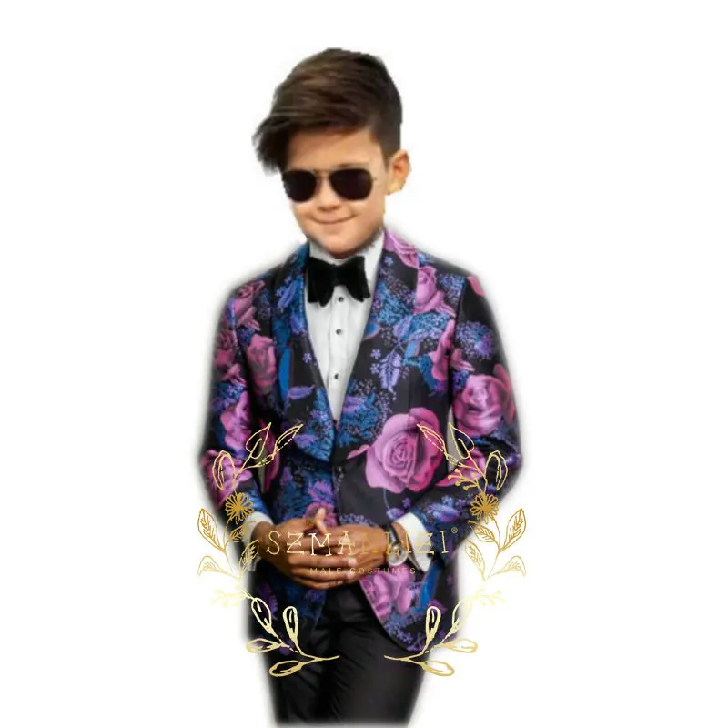 Boy's Suits 2 Pieces Purple Floral Printed Wedding Suits For Kid Shawl Lapel (Jacket+Pants) Children Formal Party Prom Wear