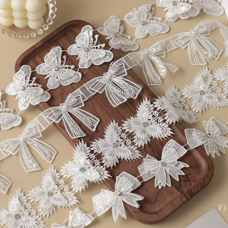 

[YU]Butterfly Lace Trim Fabric Rhinestone Sewing Accessories For Wedding Dress Clothing Diy Crafts Supplies Flower Decor Ribbon