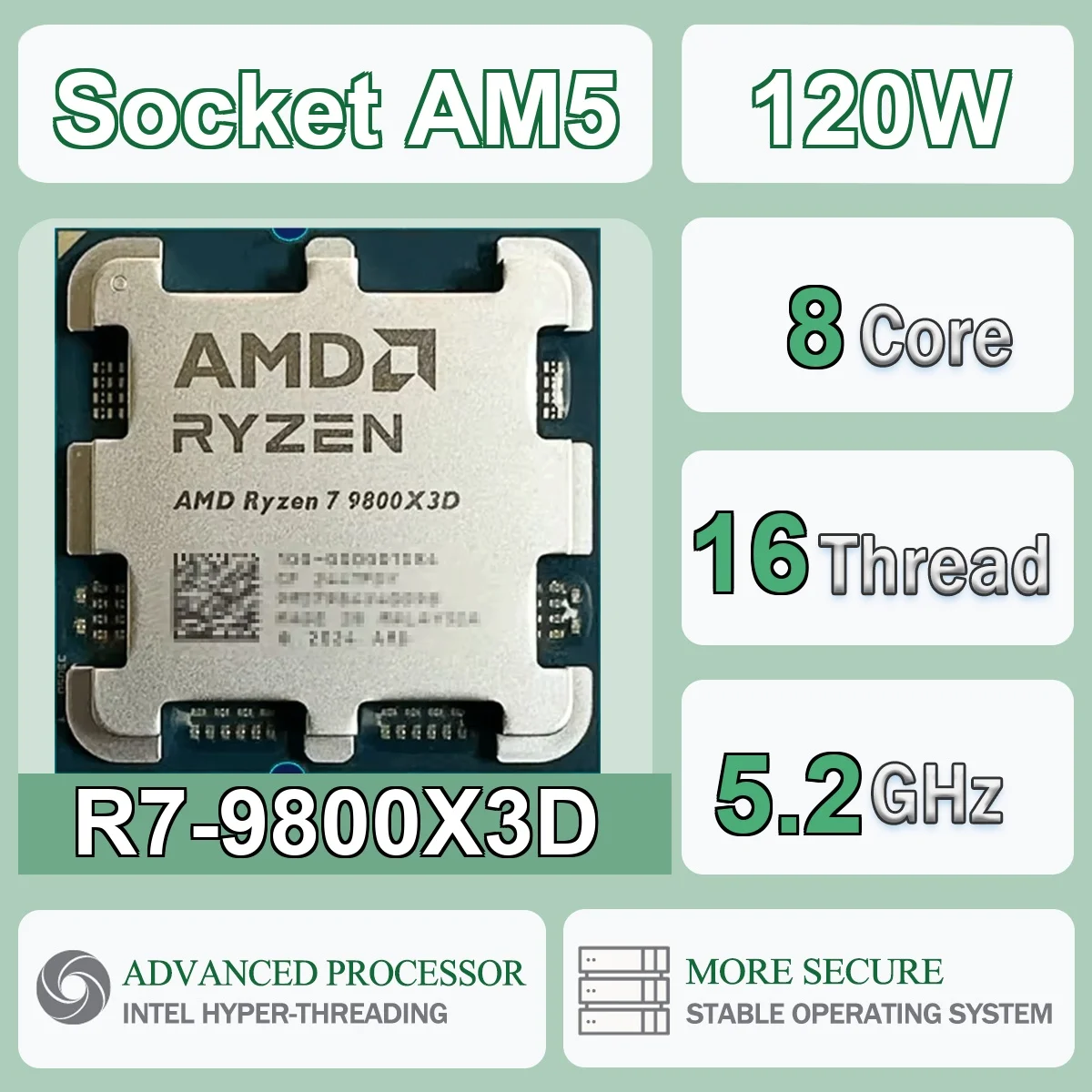 

AMD Ryzen 7 9800X3D 8-Core 16-Thread 4NM 4.7Hz/5.2GHz L3=96MB 120W CPU Gaming Processor Socket AM5 DDR5 NEW No Cooler No Fan