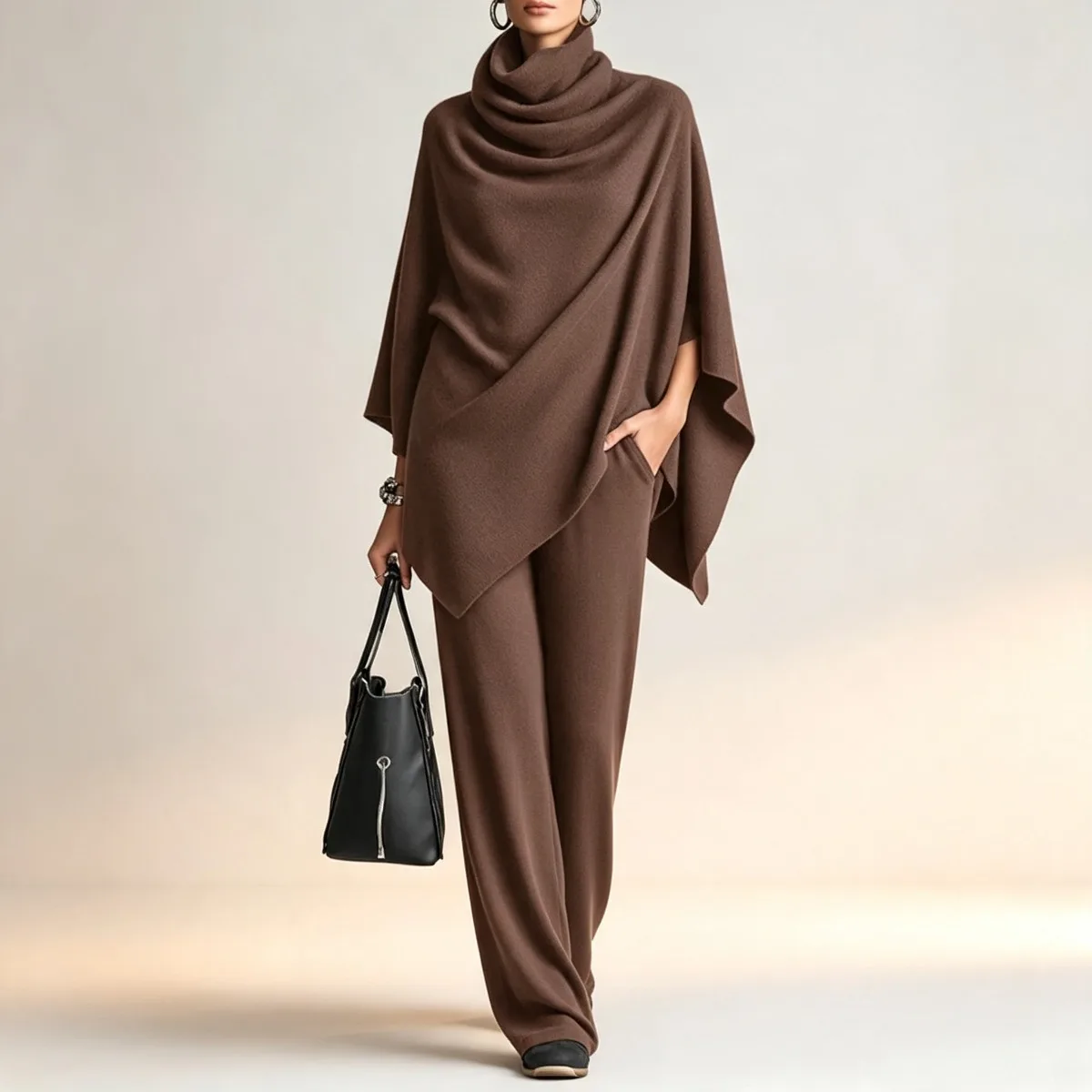 Elegant Women Knit Matching Set Cowl Neck Draped Poncho Blouse Loose Wide‑Leg Trousers Casual 2‑Piece Outfit Suit