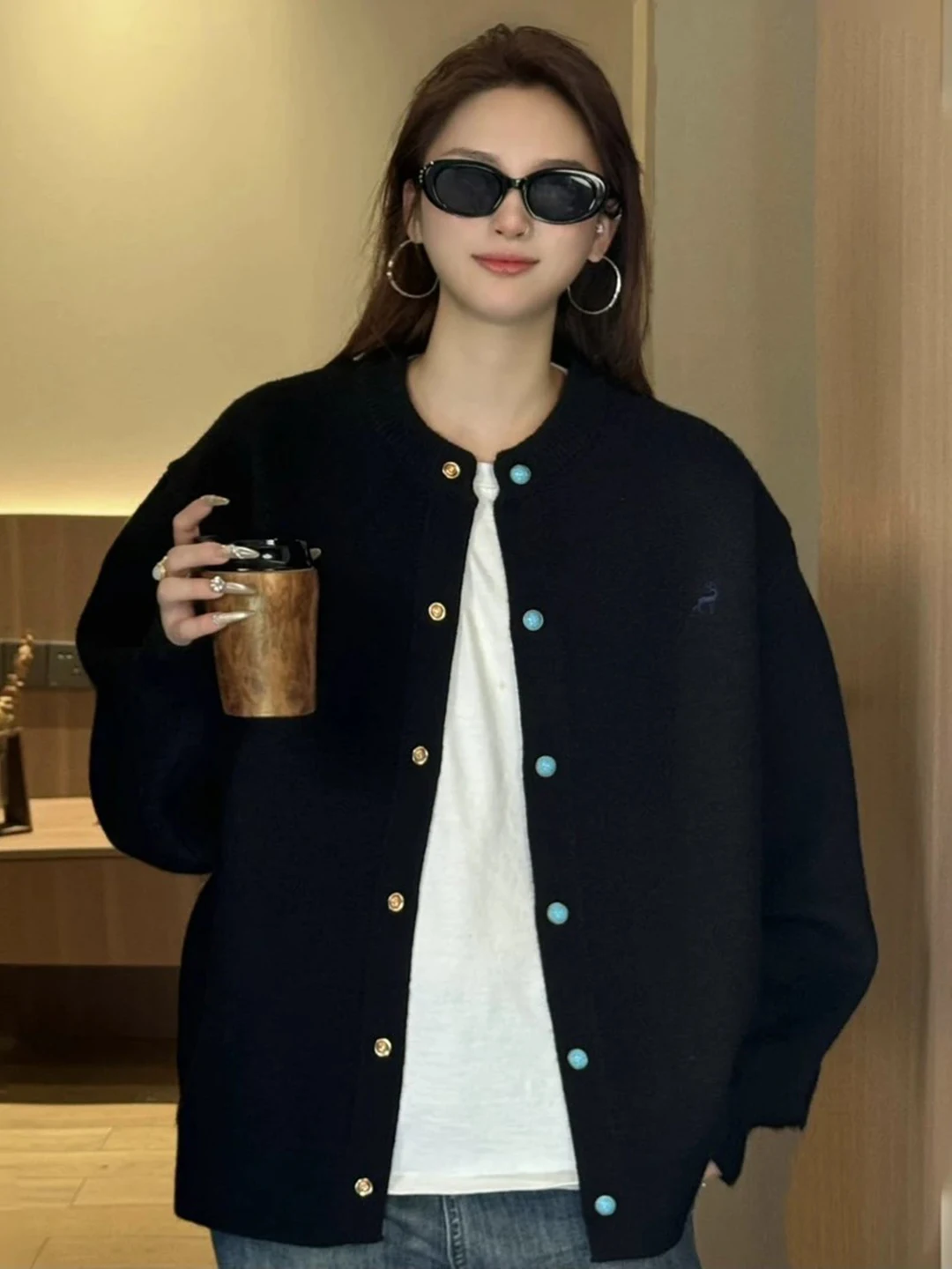 

Вязаный кардиган с вышивкой, свободный крой, круглый вырез, унисекс, для ранней осени, в корейском стиле, повседневный, свободный, уютный...