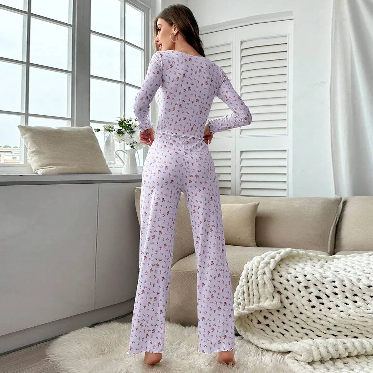 Conjunto de pijama estampado floral de manga comprida feminino, loungewear, pijamas, fino, renda, guarnições de botões, calças, elegante, sexy