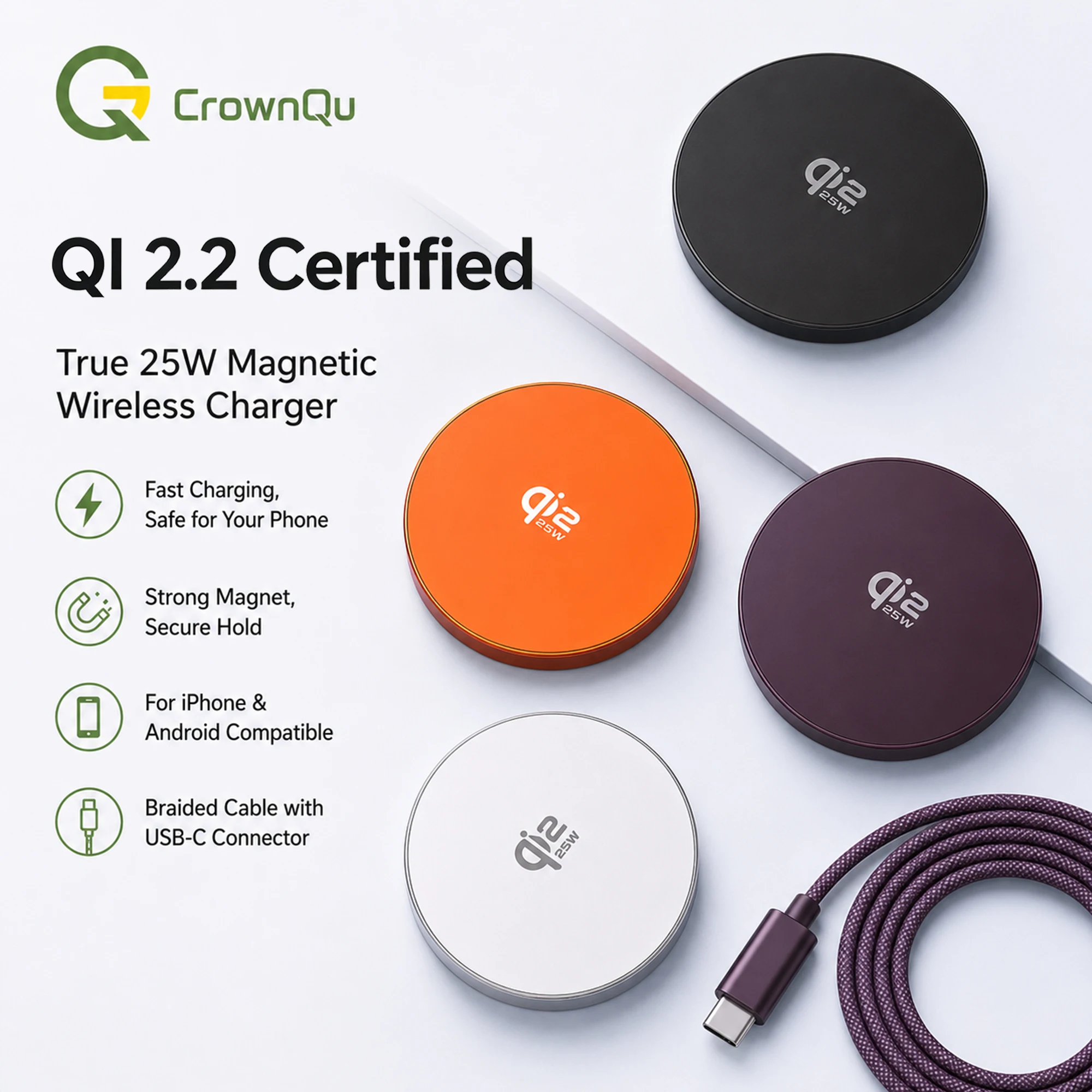 Qi2.2 Kabellose Ladegeräte 25W Magnetisches Induktions-Schnellladen für Macsafe iPhone 17 16 15 ProMax ‌ 5W Airpods-Serie Xiaomi Samsung – Detail 2