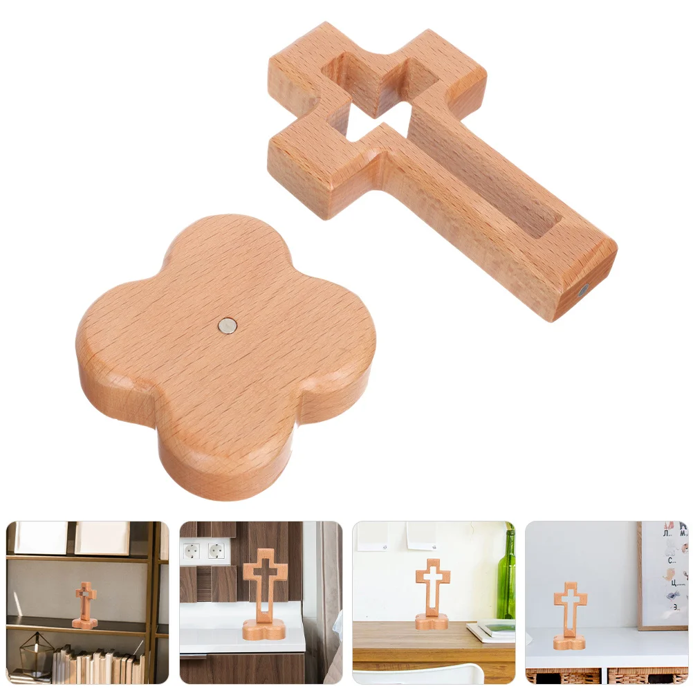 

Solid Wood Christian Standing Cross - Rustic Natural Grain Faith Ornament for Tabletop Altar Display Home Church Decor