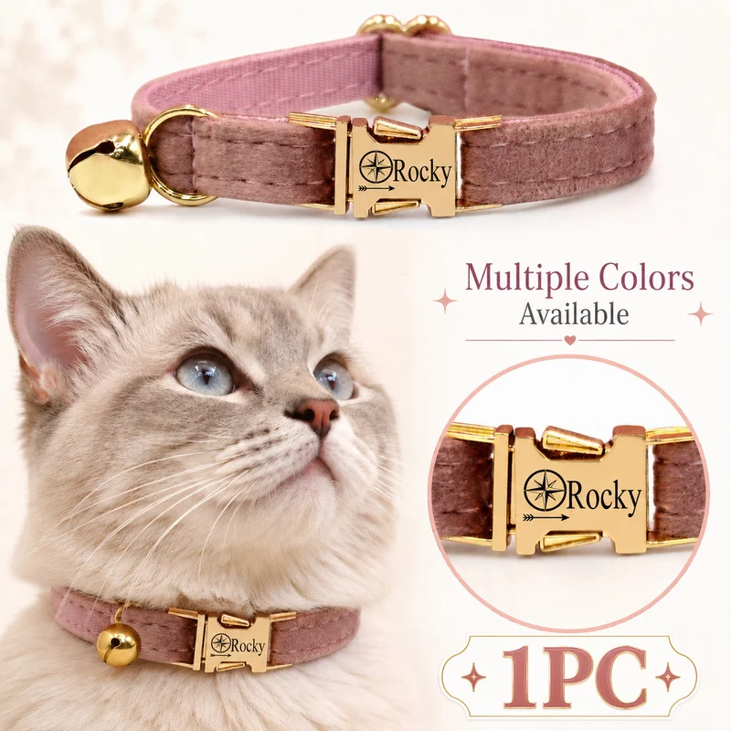 Velvet Pet Cat Collar with Metal Buckle, Customizable Name and Compass Arrow Pattern