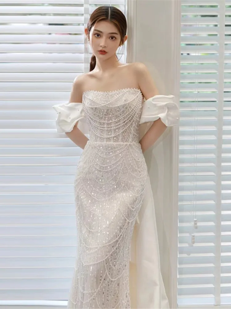 French Light Wedding Dress Heavy Industry Fishtail Luxury Welcome Yarn Banquet Host off-the-Shoulder Gown Female