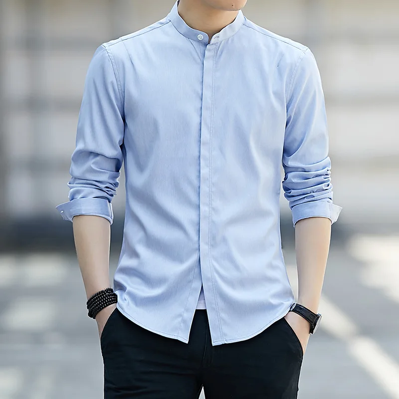 Korean Stand Collar Shirts All-match Solid Color Spring Autumn Commute Single-breasted Men\'s Clothing Casual Long Sleeve Shirts