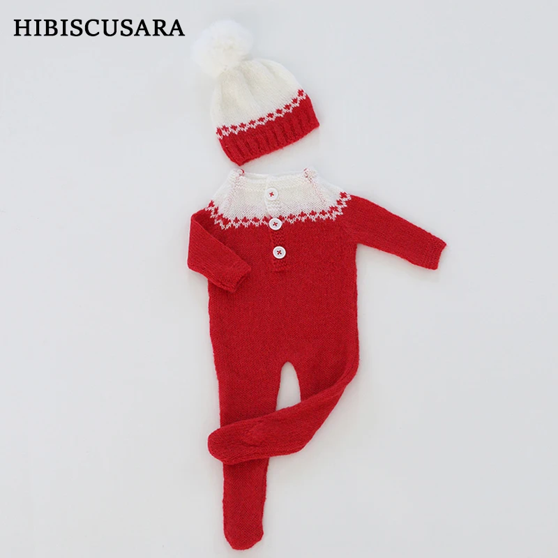 Baby Christmas Clothing Newborn Mohair Knitted Footed Rompers Jumpsuit Fluffy Fur Pompom Hat Boy Girl Red White Santa Xmas Wear