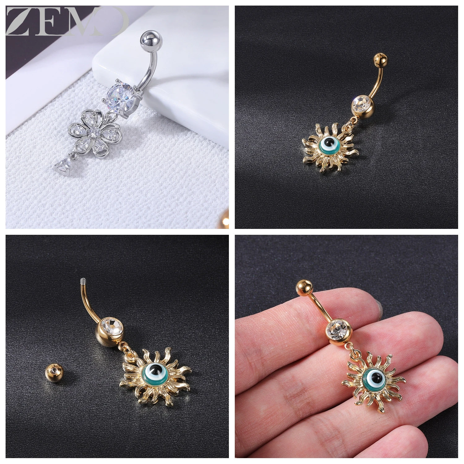 ZEMO 1 PC 14G จี้สแตนเลสสตีลแหวนผู้หญิง Cubic Zircon Belly แหวน Moon Star Cat Belly ปุ่มเจาะเครื่องประดับ 10 มม.