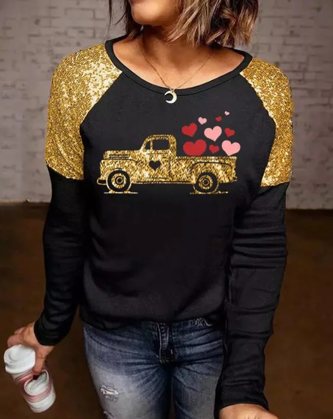 Women's Tee Tops Casual Fashion Valentine's Day Car Heart Graphic Print Round Neck Contrast Paneled Sequins Long Sleeve Top