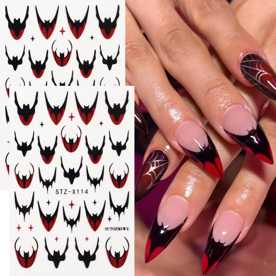 Halloween Bat Nail Art Stickers 3D Black and Red Bat French Design French-Style Bat Adhesive Decals Suitable for Nail Art DIY