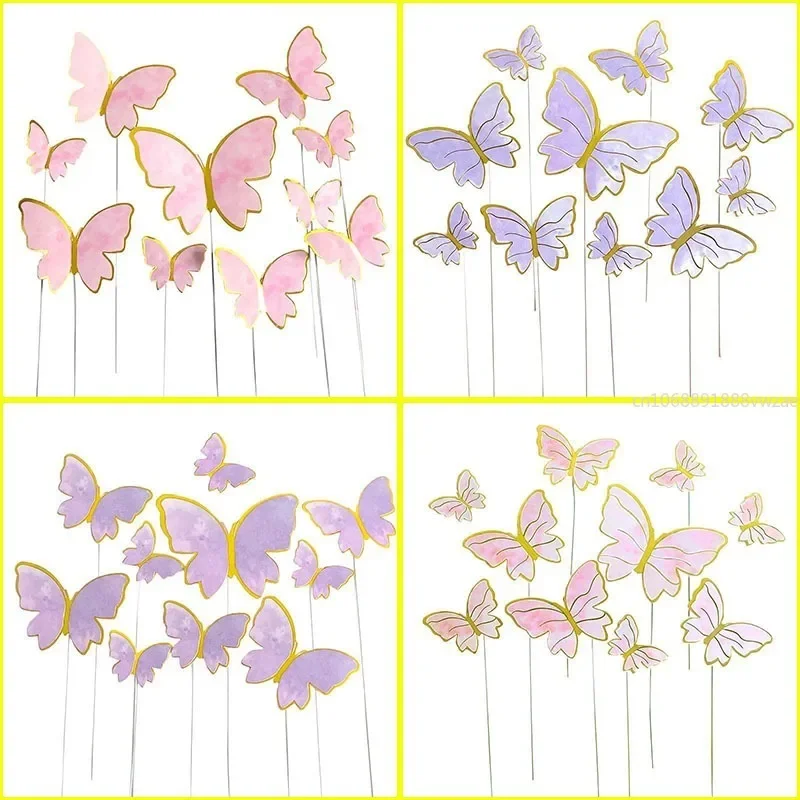 3d Gold Purple Butterfly Cake Topper Pink Girl's Birthday Cake Decorations Wedding Mother's Day Cake Dessert Decor