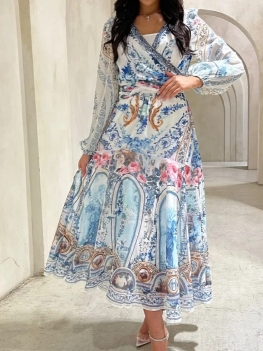 

Blue Print Women Bow Decoration Maxi Dress Crystal Beaded V-Neck Long Sleeve Holiday Loose Silk Robe