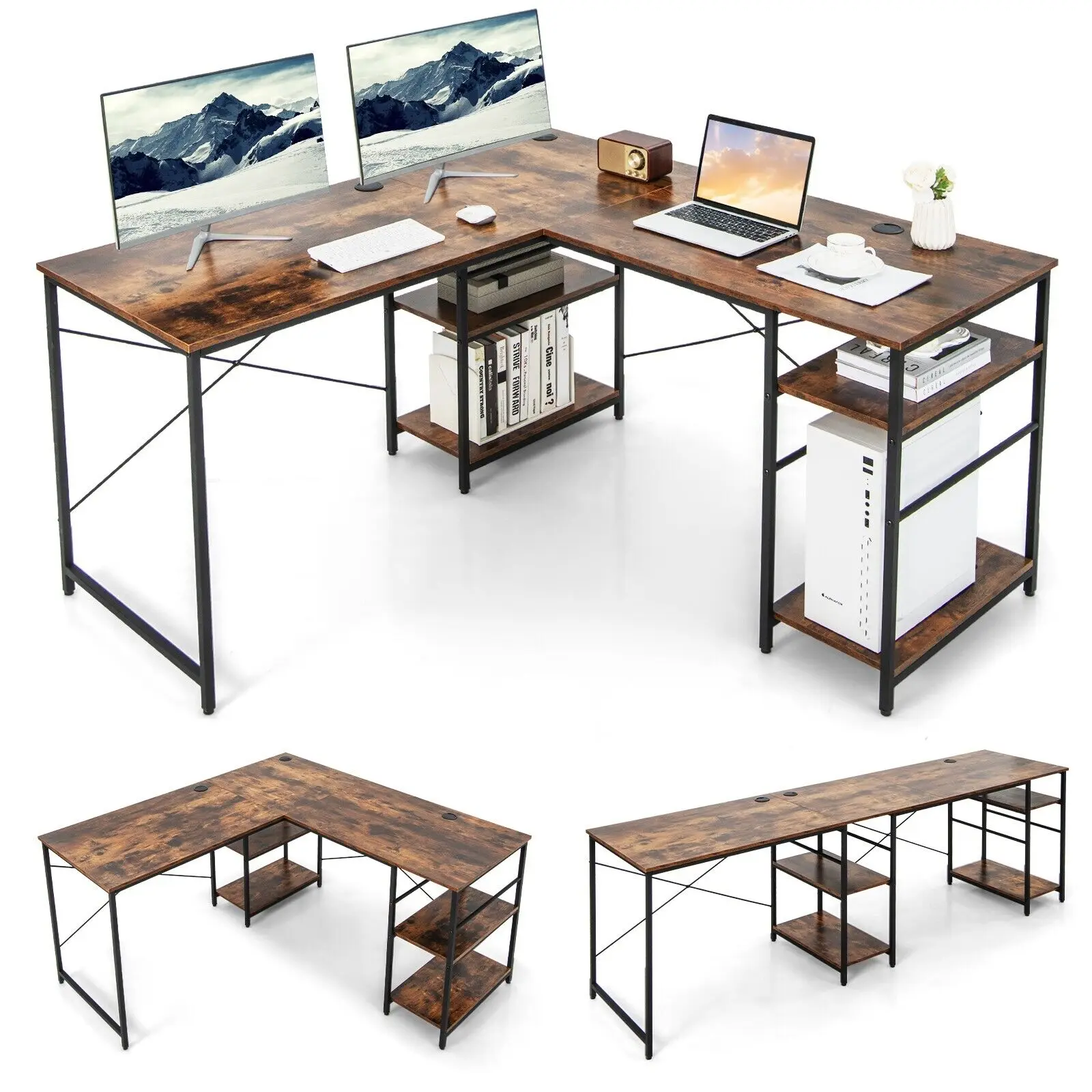 GOFLAME L-Shaped Corner Computer Desk Study Writing Desk Workstation with Storage Shelf