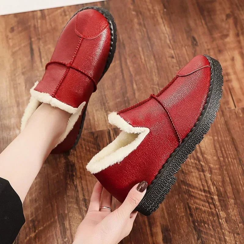 Winter Women\'s Cotton Shoes PU Waterproof Cotton Shoes Padded Warm Work Shoes Thick Bottom Elderly Cotton Boots Shoes