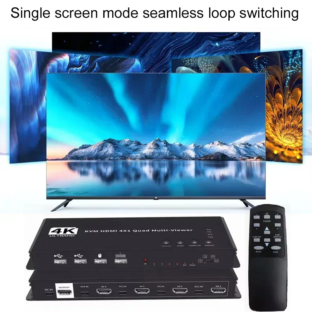 4K HDMI KVM Switch 4x1 Quad Multi Viewer 4 in 1 Out Video Processor Screen Multiviewer Seamless for 4 PC Share Mouse Keyboard