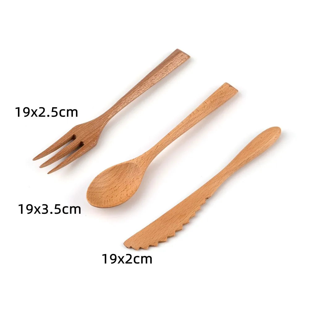 3Pcs Wooden Tableware Set Home Kitchen Cooking Fork and Spoon Natural Teak Table Knife Western Restaurant Coffee Spoon Tool Gift